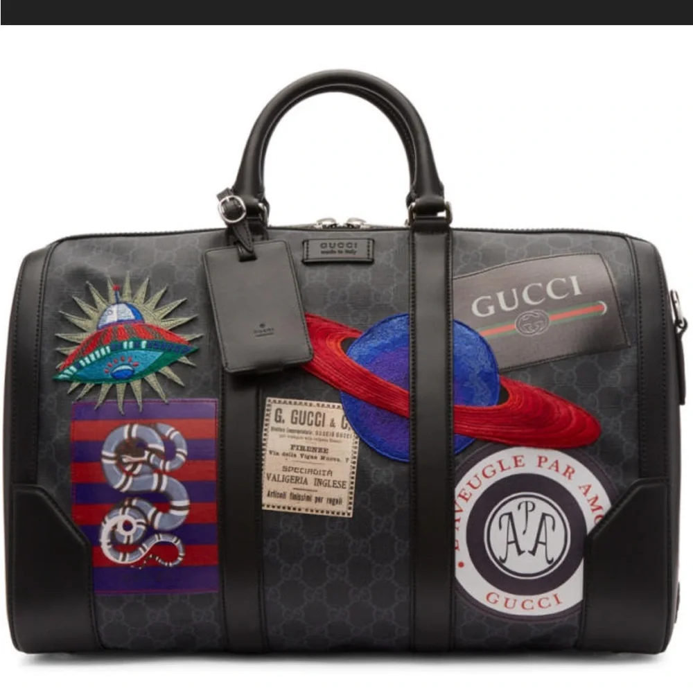 Gucci Limited Edition Supreme Patches Duffel Bag Travel Bag Black Gray RARE
